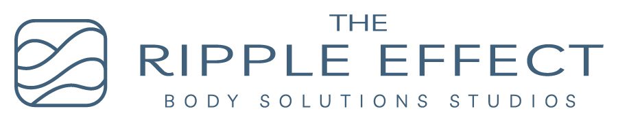 The image is a logo for "The Ripple Effect Body Solutions Studios." It features the text alongside an icon with wavy lines inside a square, resembling ripples in water.